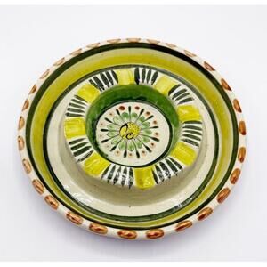 Vintage Tonala Mexican Pottery Folk Art Stoneware Blue‎ Green Round Ashtray